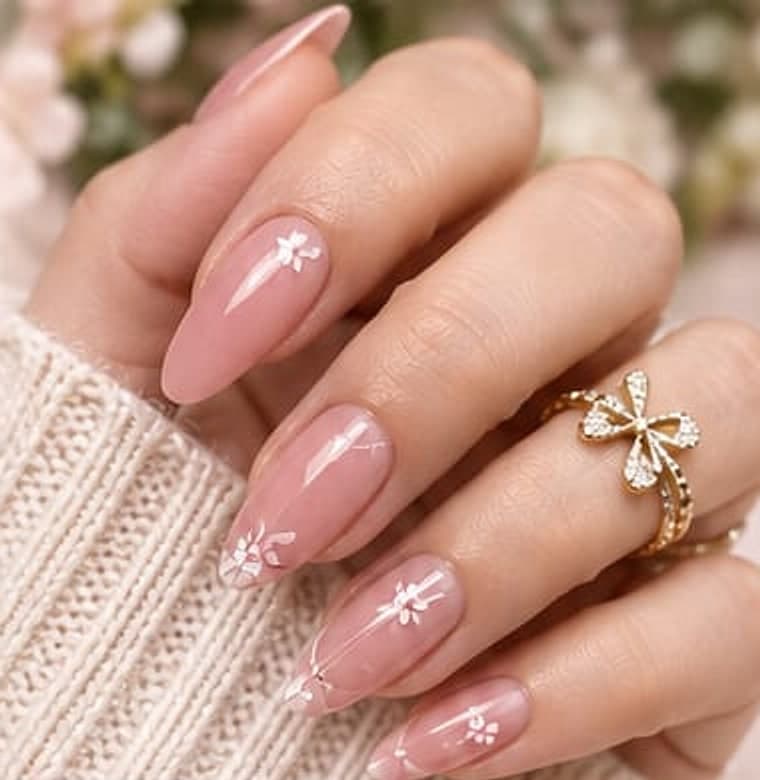 Pink almond nails with tiny white flowers, with a 7-step guide on how to prevent nail polish from chipping