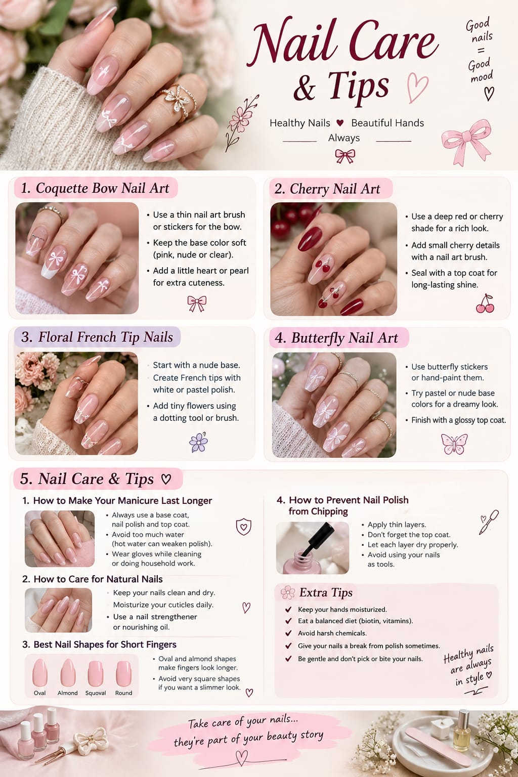 Pink nail care and tips guide with coquette bow, cherry, floral French tip and butterfly nail art ideas