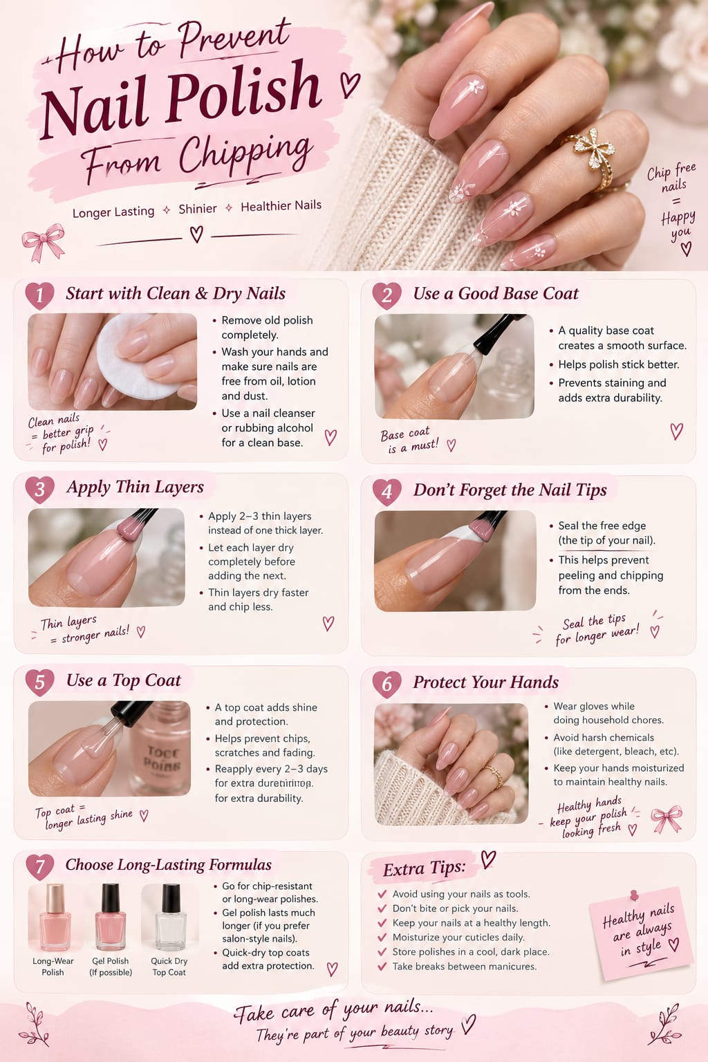 Pink almond nails with tiny white flowers, with a 7-step guide on how to prevent nail polish from chipping
