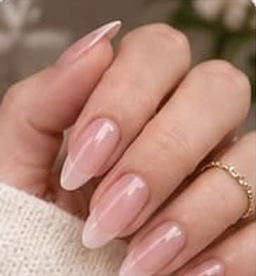 Five nude pink nail shapes for short fingers: almond, oval, squoval, ballerina and soft square