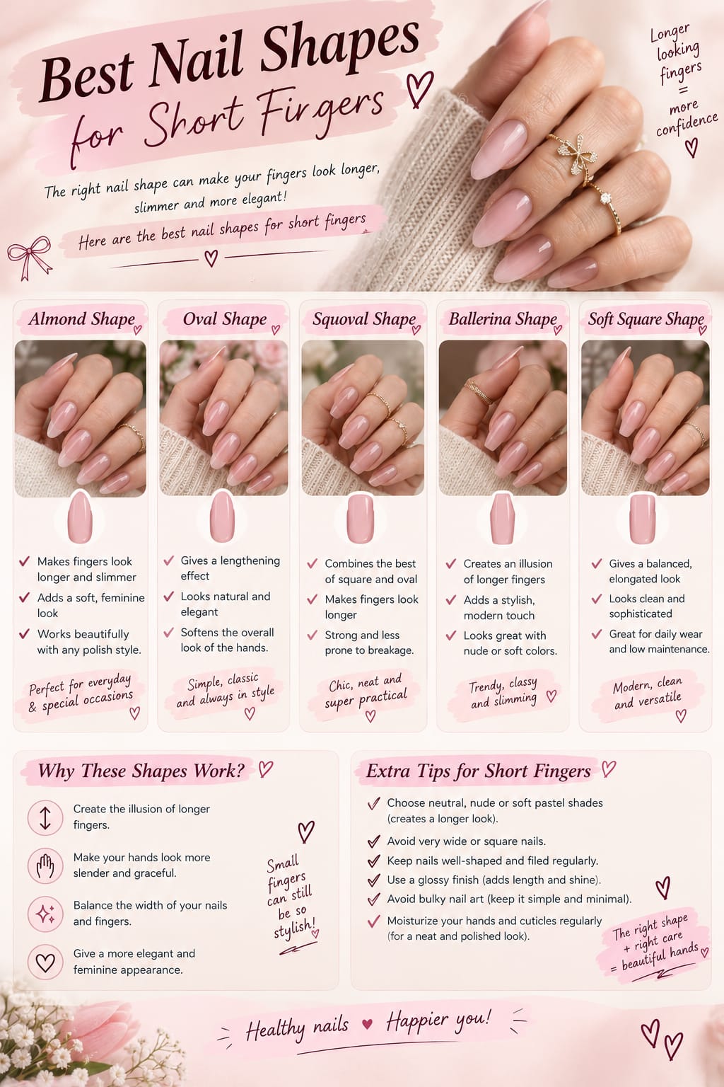 Five nude pink nail shapes for short fingers: almond, oval, squoval, ballerina and soft square