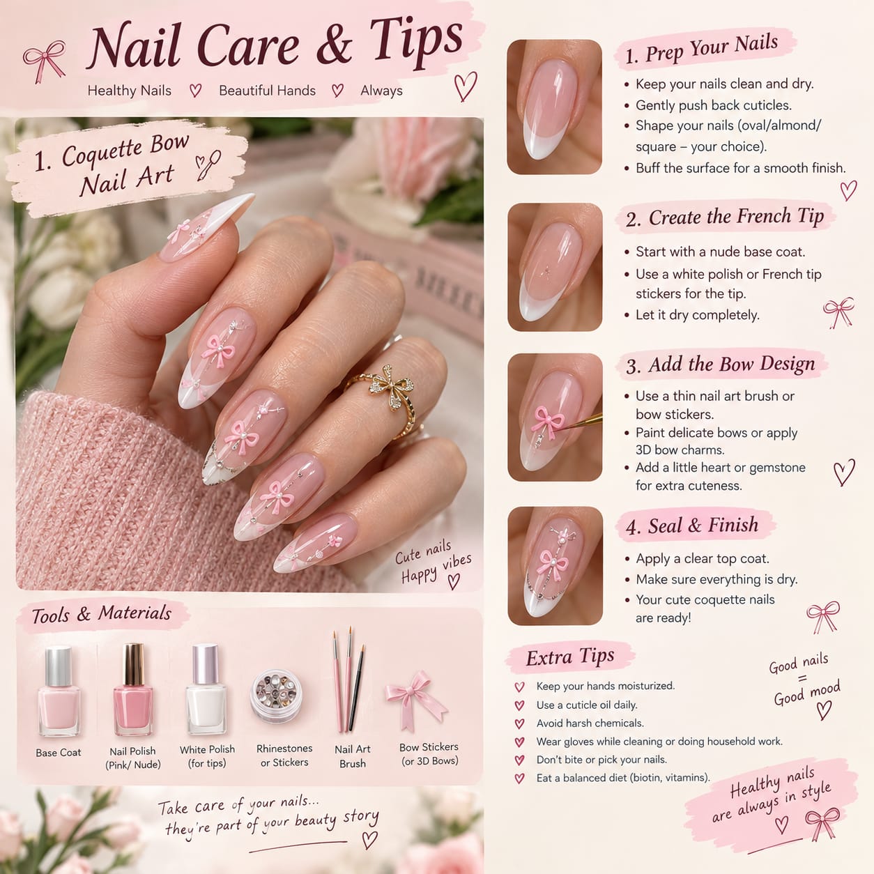 Almond French tip nails with pink coquette bows, tiny gems and a gold bow ring