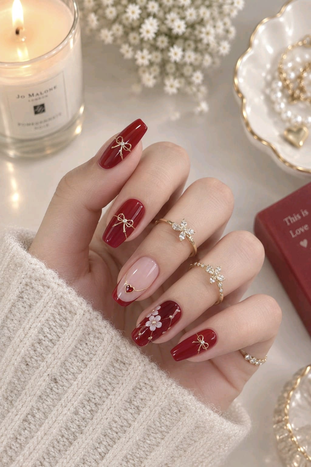 Short square red and nude nails with gold bow charms, a red heart gem and a white flower